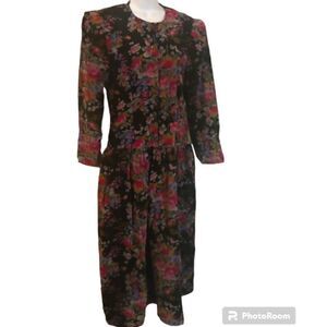 Dennis Goldsmith vintage black floral corduroy prairie cottagecore maxi dress 10